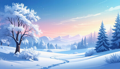 Beautiful snowy landscape capturing the essence of winter with frosted trees and a soft palette of cold tones