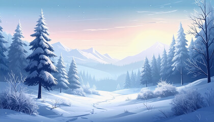Tranquil snowy landscape with frosted trees and a serene path inviting peaceful winter exploration and reflection