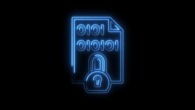 Neon binary code document security cyber data file padlock illustration for technology concept