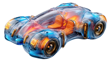 Futuristic Car Design: A sleek, transparent car showcases innovative design, glowing with an intricate interior, hinting at advanced technology and the future of transportation. 