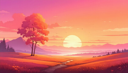 Serene sunset scene featuring a river flowing through a valley bathed in soft glowing orange and pink tones