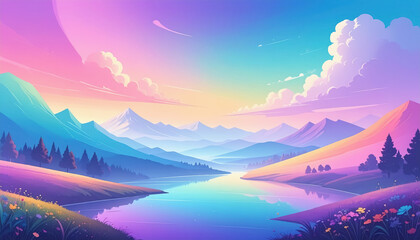 Serene landscape featuring majestic mountains and a tranquil lake surrounded by a colorful gradient sky