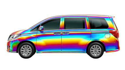 Rainbow Colored Minivan: A vibrant minivan stands out with a mesmerizing rainbow paint job, showcasing a unique blend of transportation and art. Capturing the essence of travel and modern design.
