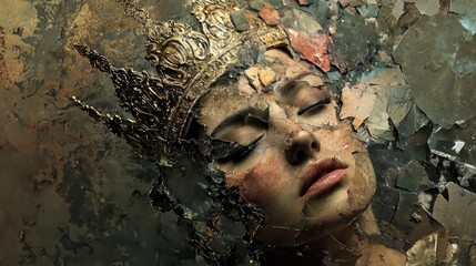 Fragmented Beauty: A Regal Portrait of a Woman Adorned in a Shattered Golden Crown, Expressing Serenity Amidst Decay and Intricate Metallic Shards