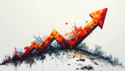 Striking red arrow surrounded by splash of paint on white background with available copy space for creative use