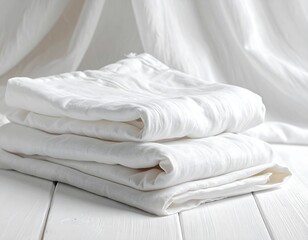 Close-up of neatly folded white linen bed sheets on a wooden surface
