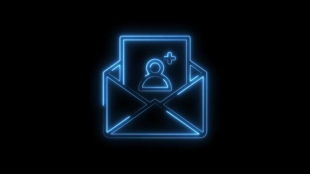Neon email invitation sending new contact connection blue glow on black background