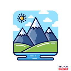Obraz premium Scenic Mountain Landscape with Sun and Clouds Nature Illustration.