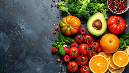 A colorful display of fresh fruits and vegetables artistically arranged on a table with copy space for text