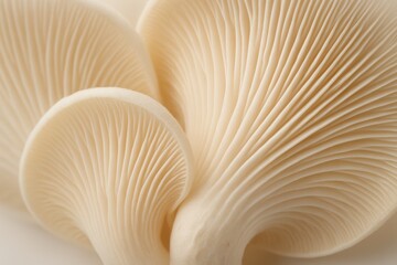 Delicate white oyster mushroom gills in macro detail organic texture and subtle glow
