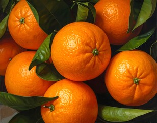 Close-up of fresh oranges with leaves, perfect for food and healthy eating.