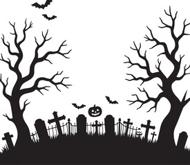 Halloween cemetery scene with bare trees bats and pumpkin