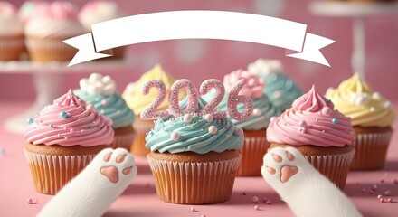 Festive cupcakes with 2026 numbers, white banner, and cute cat paws on a blurred pink background