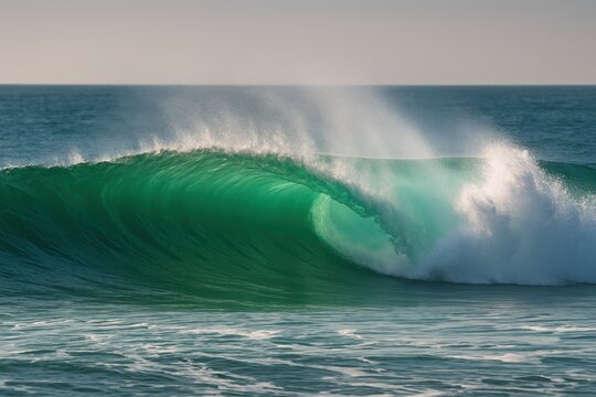 Sunlit turquoise ocean wave curling with spray mist and glassy translucent crest