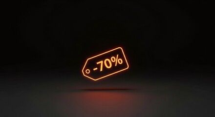 Glowing orange neon price tag with -70% discount symbol floating over a dark reflective surface
