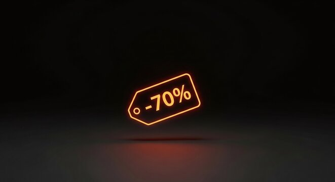 Glowing orange neon price tag with -70% discount symbol floating over a dark reflective surface