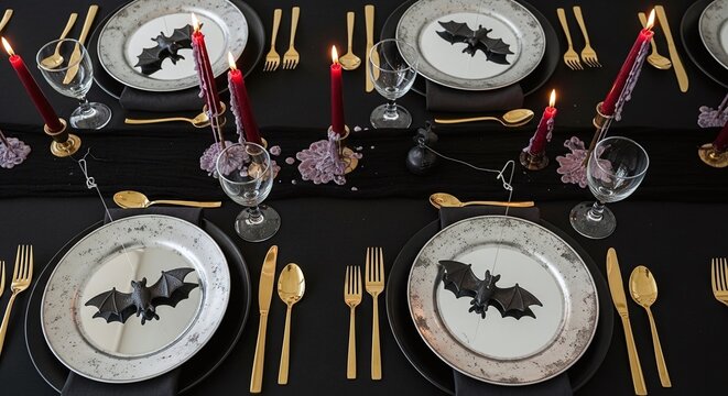 Elegant Halloween table setting with black tablecloth, red candles, gold cutlery, and bat decorations