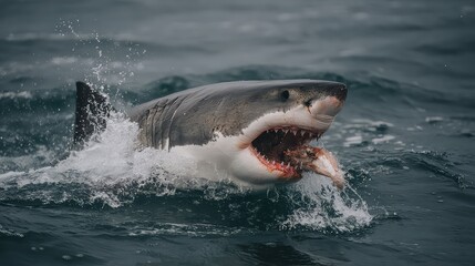 Naklejka premium Majestic Great White Shark Breaching Water with Prey Captured in Its Powerful Jaws