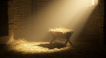 Nativity Scene Manger with Straw in Stone Stable Illuminated by Christmas Light