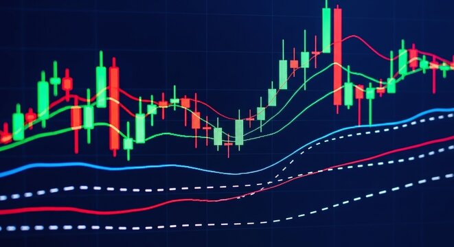 Financial stock market candlestick chart showing green and red bars with various trend lines on a dark blue background - Powered by Adobe