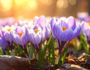 Close-up of purple crocus flowers blooming in the sunlight during springtime