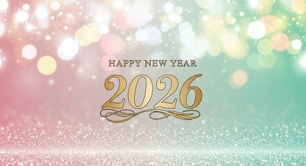 Happy New Year 2026 golden text on festive gradient pink and green bokeh lights with sparkling glitter background