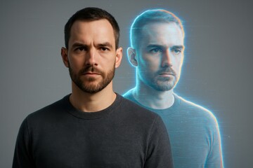 Focused man with holographic digital twin concept portrait in minimalist studio light