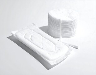 Close-up of sanitary pads and cotton pads on a white background