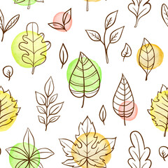 Seamless pattern of handdrawn leaves and watercolor circles