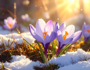Close-up of purple crocus flowers blooming through the snow in the sunlight
