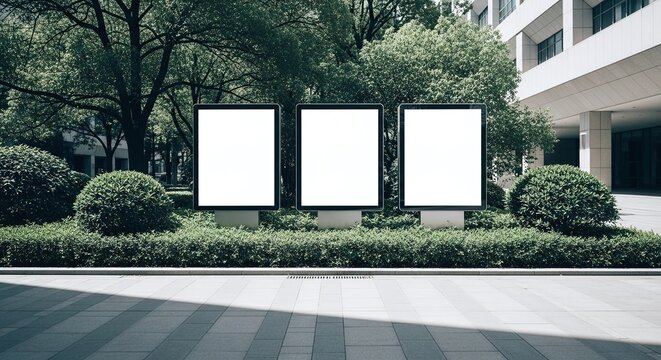 Three modern blank digital billboards with white screens surrounded by lush green trees and manicured bushes, beside a contemporary building in an urban setting