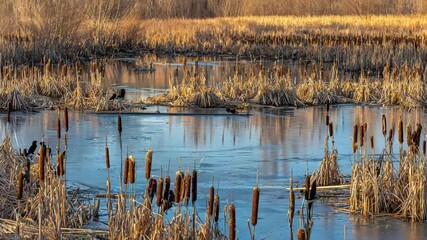 Peaceful Wetland Scene with Birds Perched Amongst Cattails and Icy Water. - Powered by Adobe