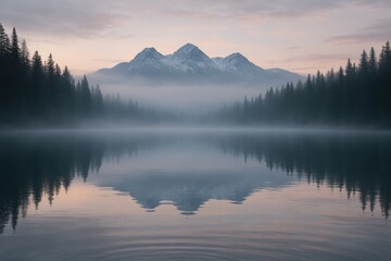 Fototapeta premium Misty alpine lake with pine forest reflections and ethereal dawn light creeping in