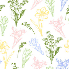 Seamless pattern of spring flowers in pastel colors