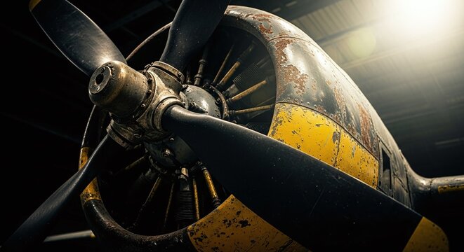 Vintage airplane propeller and engine cowling with rusty yellow and black peeling paint in a dark setting with dramatic lighting