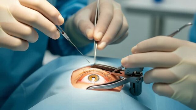 Close-up of an eye surgery Two gloved hands meticulously use various surgical instruments on patients open eye held by speculum against blue drape The eye has distinct brown iris