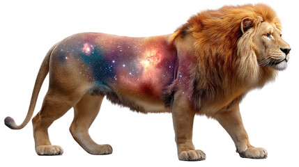 Obraz premium Cosmic Lion: A regal lion, its majestic form interwoven with a breathtaking depiction of the cosmos, stars, and galaxies. This artwork showcases the limitless beauty and mysteries of the universe.