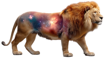 Cosmic Lion: A regal lion, its majestic form interwoven with a breathtaking depiction of the cosmos, stars, and galaxies. This artwork showcases the limitless beauty and mysteries of the universe.