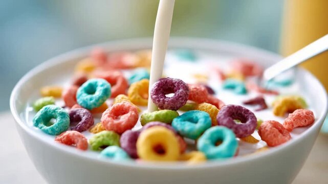 Pouring Creamy Milk into a Brightly Colored Cereal Bowl for Breakfast.