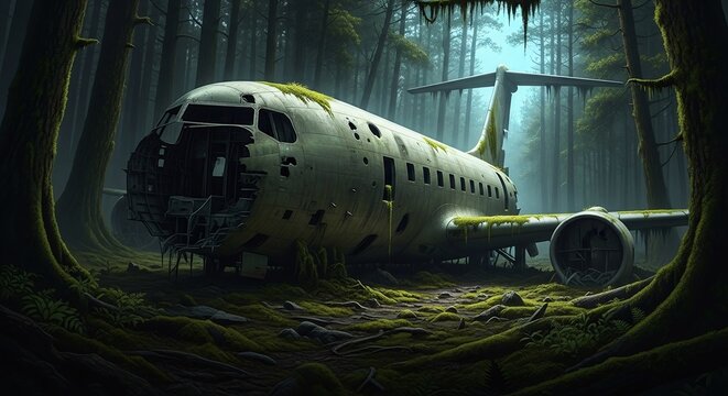 Abandoned airplane wreck overgrown with moss and derelict in a deep, mysterious forest setting - Powered by Adobe