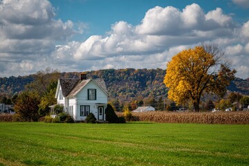 Obraz premium White farmhouse, autumnal landscape