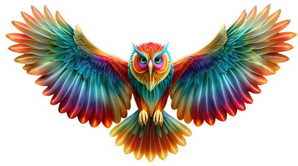 Fototapeta premium Colorful Owl in Flight: A vibrantly colored owl soars, its rainbow-hued feathers spread wide in a symbol of freedom and majestic grace. Capturing the spirit of nature through vivid.