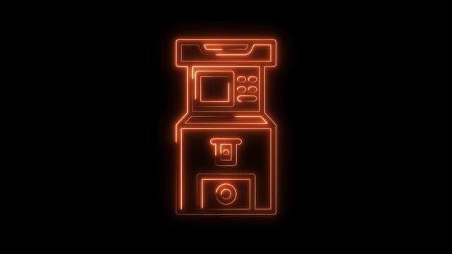 Neon orange atm machine icon glowing outline on black background for finance