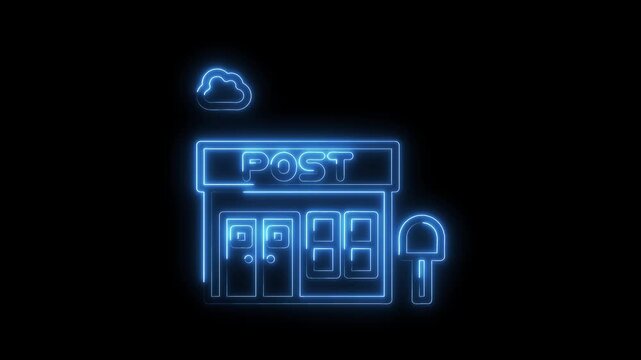 Neon post office with mailbox outline on black background glowing electric icon graphic