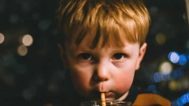 Adorable young boy with golden hair drinking from a cup with a straw.