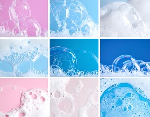Close-up of soap bubbles with diverse colors and textures in a collage