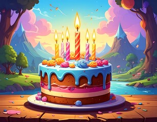Colorful birthday cake with candles and a beautiful landscape background