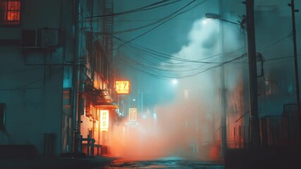 A fog-filled alley at night, illuminated by warm neon signs and streetlights. The wet asphalt reflects the bright, artificial light - Powered by Adobe
