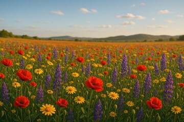 Fototapeta premium Vibrant spring meadow of wildflowers under clear blue sky with distant hills