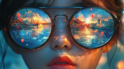 Sunset reflected in a person's glasses over a cityscape.
